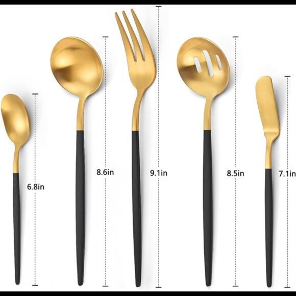 Matte Black Gold Serving Silverware Set, 5-Piece Round Shared Utensils Set - Picture 2 of 7